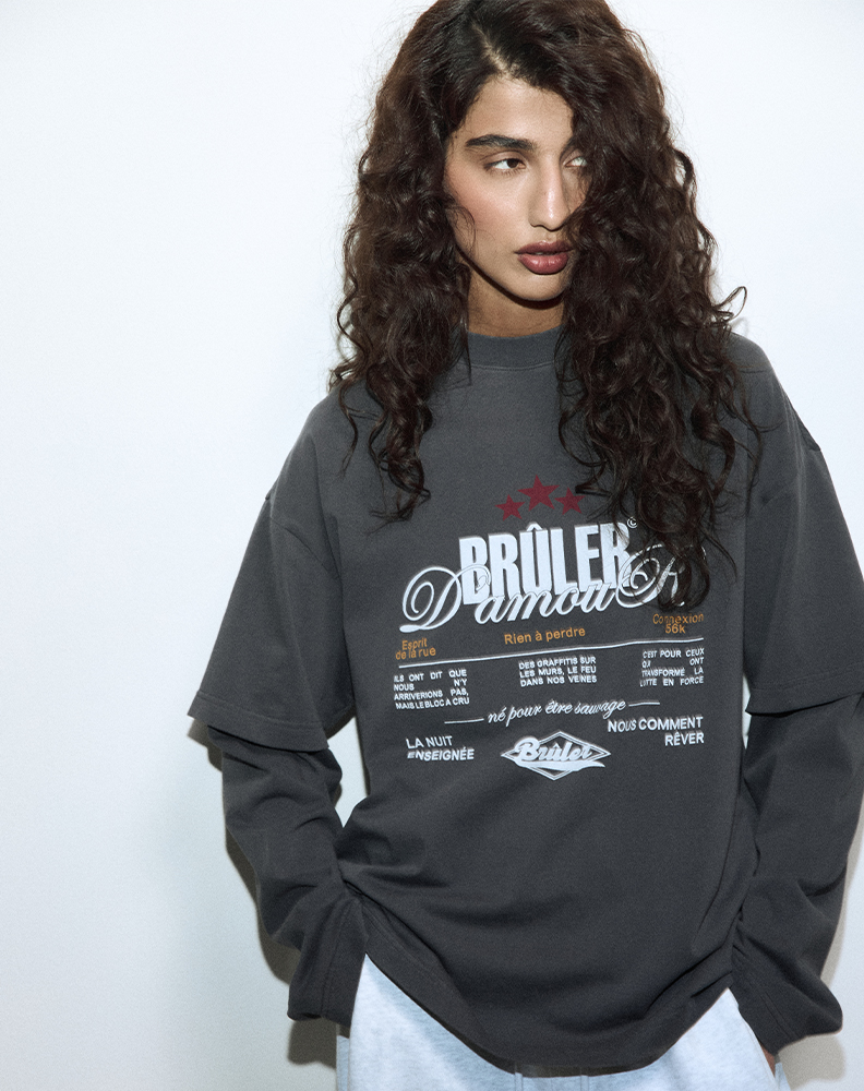 Оверсайз лонгслив с двойным рукавом графитового цвета “Note”