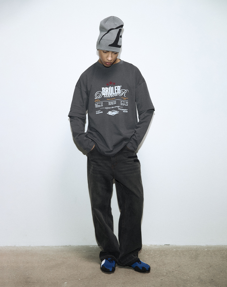 Оверсайз лонгслив с двойным рукавом графитового цвета “Note”