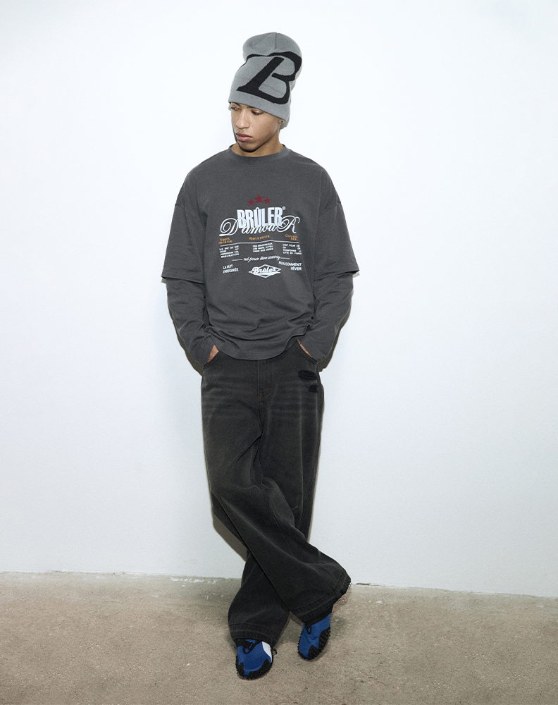 Оверсайз лонгслив с двойным рукавом графитового цвета “Note”